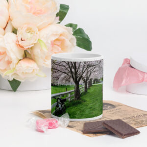 Biking Through Blossoms Glossy Mug